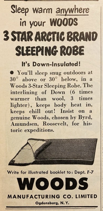 1951 AD.(PC6)~WOODS MFG. CO. OGDENSBURG, NY. WOODS ARCTIC SLEEPING ROBE
