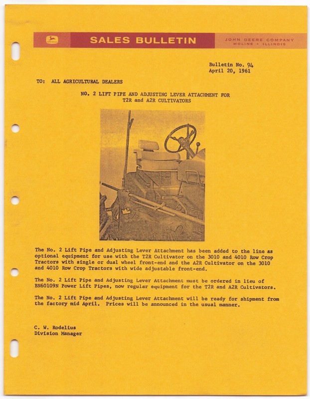 Vintage 1961 John Deere Sales Bulletin Dealership Memo – Tractor Cultivator