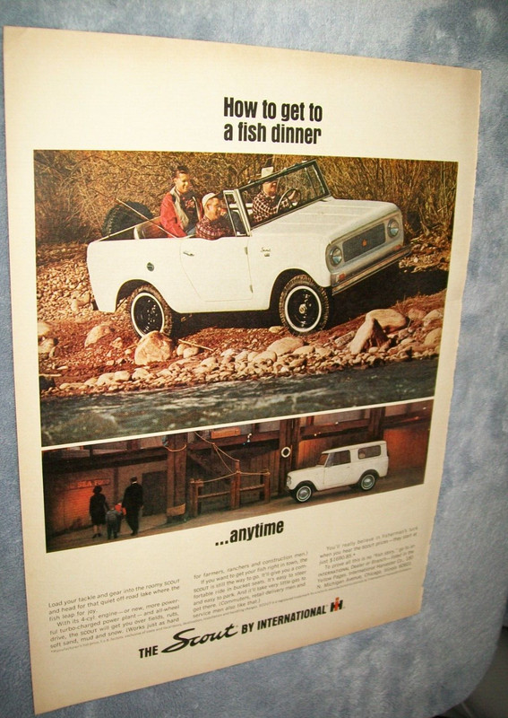 1965 International Scout large-mag truck / car ad -“How to get a fish dinner”