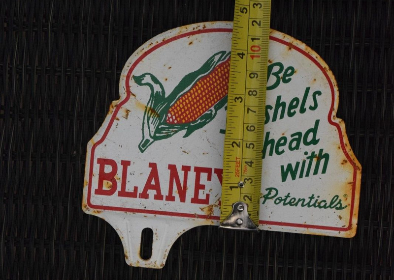 1950s BUSHELS AHEAD WITH BLANEY STAMPED PAINTED METAL TOPPER SIGN SEED FEED CORN gallery