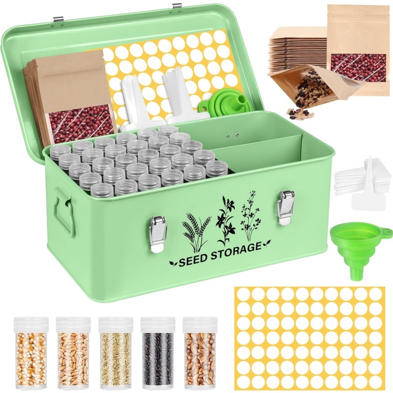 Vintage Green Seed Storage Box with Vials & Labels – Ideal for Long Term Use