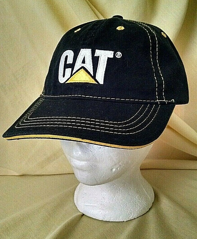 CATERPILLAR HAT CAT OPERATOR BLACK YELLOW ADJ CLOTH STRAP METAL BUCKLE NEW MPC.
