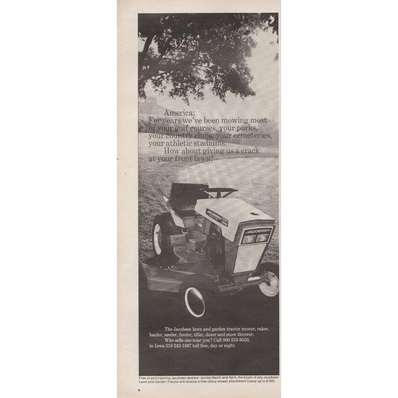 Jacobsen Lawn Garden Tractor Mower Outdoor Equipment Vintage Print Ad 1970