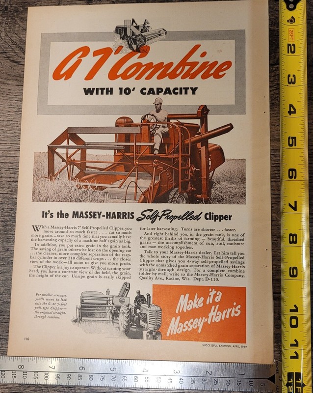 VTG 1949 MASSEY-HARRIS Tractor/Harvester Farm Color Magazine Print Ad 12″x8″