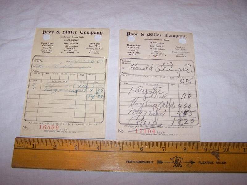 Two 1947 POOR & MILLER Coal Feed Store Receipts ROACHDALE GREENCASTLE INDIANA