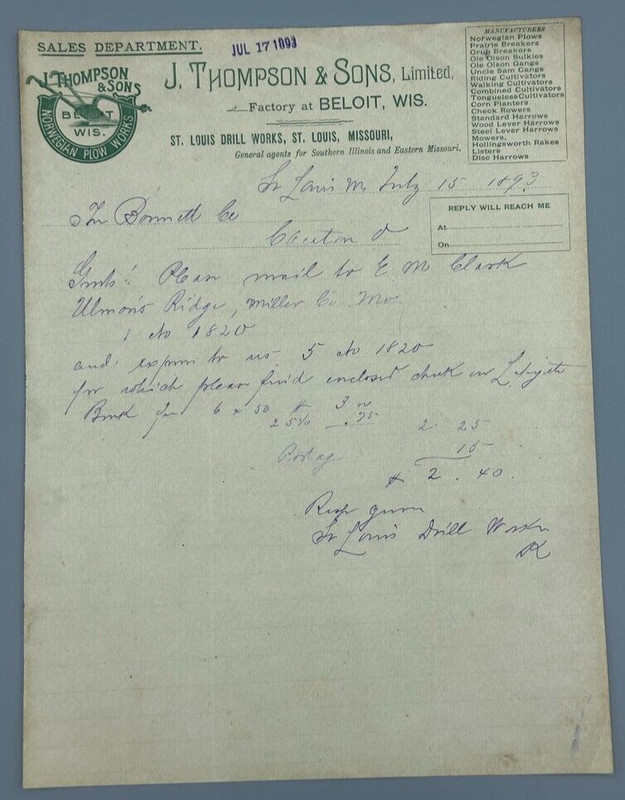 1893 NORWEGIAN PLOW WORKS Thompson Sons BELOIT WI Farm Advertising Letter