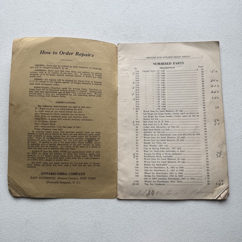 Ontario Drill Co. No. 39 Grain Drills Price List Of Repairs East Rochester, NY gallery