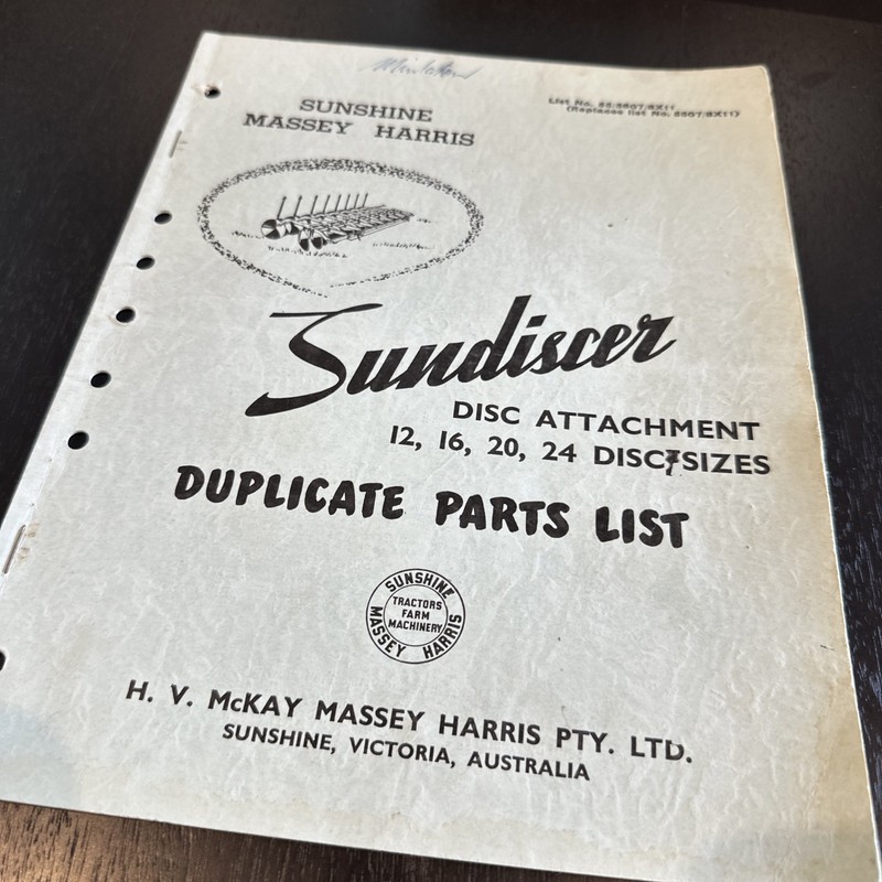 SUNSHINE MASSEY HARRIS Sundiscer Disc Attachment Parts List No. 55/5607/8X11