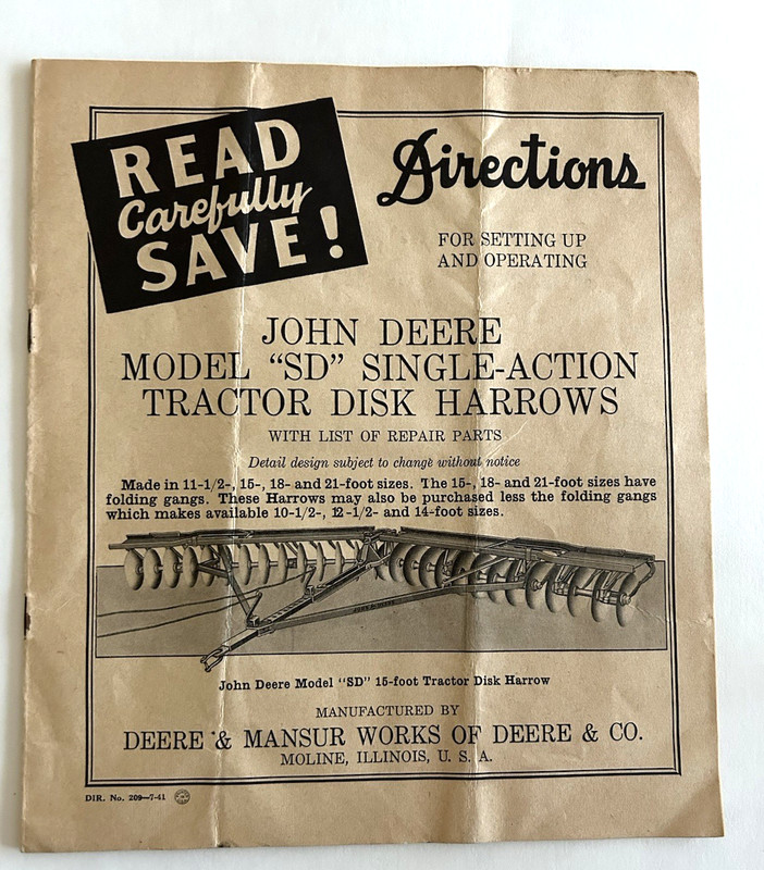 John Deere Model SD Single Action Tractor Disk Harrows – Directions + Parts List