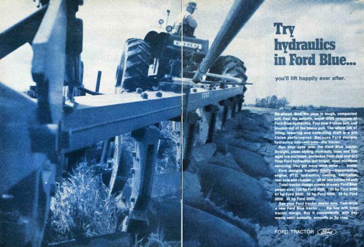 1970 2 Page Print Ad of Ford Blue 5000 Farm Tractor & Plow