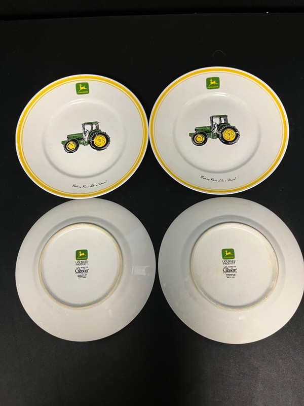 Lot of 4 John Deere Dinner Salad Plates 9″ Gibson Tractor Yellow Rim