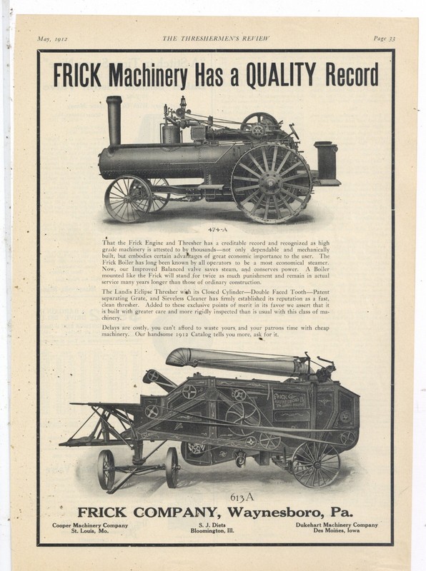 1912 Frick Co. Ad: Frick Engine & Thresher, Landis Eclipse – Waynesboro, PA