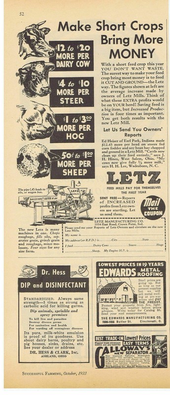 1933 LETZ No. 344 Mixed Feed Maker Crown Point, Indiana Print Ad