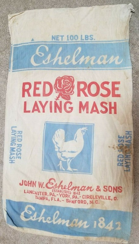 VINTAGE ANTIQUE RED ROSE ESHELMAN CHICKEN LAYING MASH 100 LB FEED GUNNY SACK