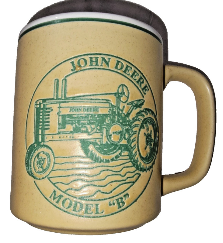 VTG John Deere Coffee Mug Model B Tractor History Cup Embossed Beige Green