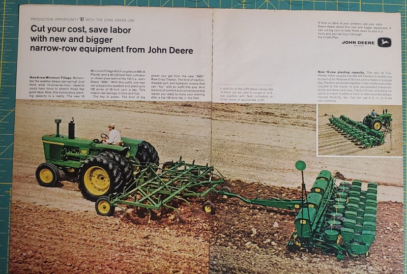 John Deere Tractors 1967 2 page Magazine Ad Bigger Narrow Row Equipment