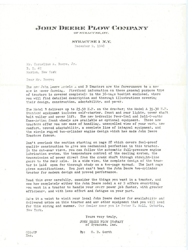 John Deere Plow Company of Syracuse New York 1948 letter for model A & B tractor