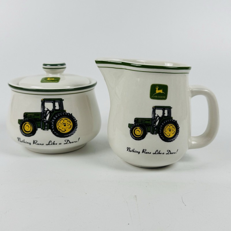 John Deere Ceramic Creamer & Sugar Set Vintage Gibson Farm Tractor Design
