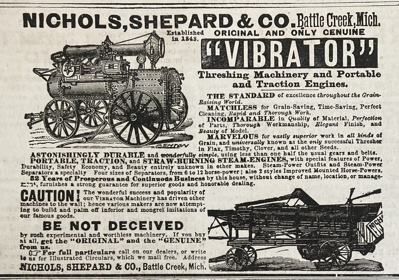 1880 AD.(XH76)~NICHOLS, SHEPARD CO. BATTLE CREEK, MI. “VIBRATOR” THRESHER