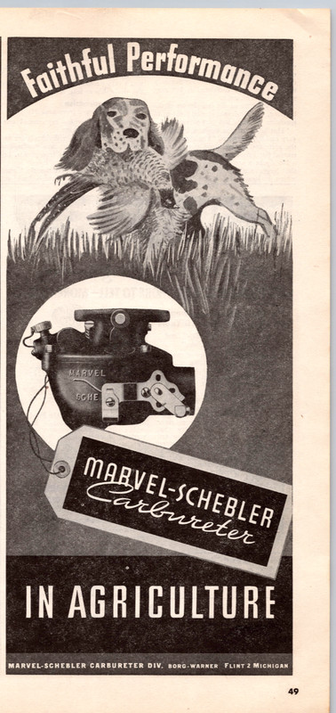 1947 Print Ad Marvel-Schebler Carbureter in Agriculture Faithful Performance Dog