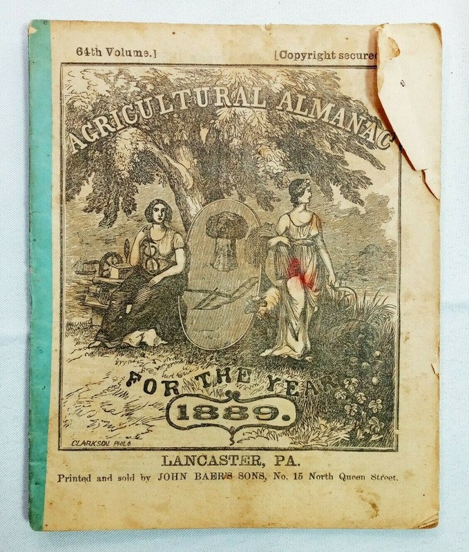 Vintage 1889 John Bear Baer’s Agricultural Almanac Lancaster PA Antique Farmers