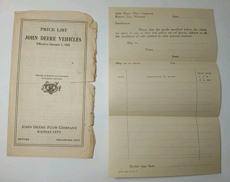 Antique 1923 John Deere Farm Implement Kansas City Vehicle Price List Order Form gallery