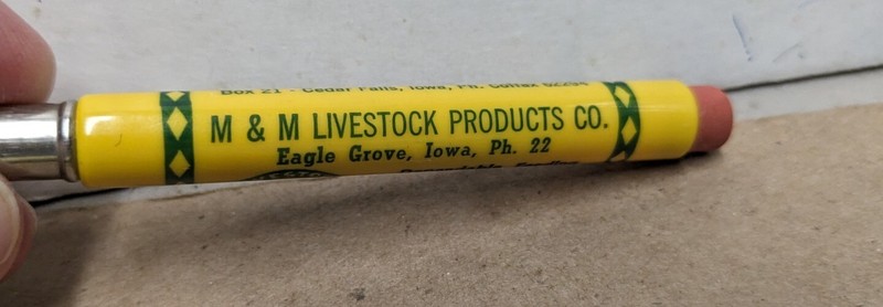 Vintage M &M Livestock Products Phn 22 Eagle Grove IA Bullet Pencil Fred Feldman