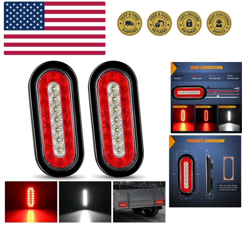 2PCS 6Inch Oval LED Trailer Tail Lights Red White 23LEDs w/Flush Surface Moun…