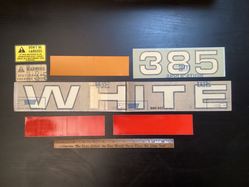 Seven Vtg. Decals White Farm Equipment “385” “White” “Safety” 2 Red, Orange