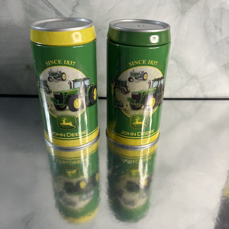 John Deere Tin Salt and Pepper Shakers 4″ tall Pre-owned, Never Used