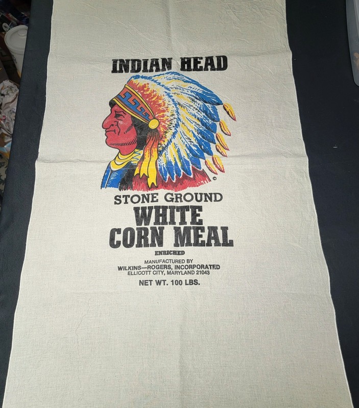 Vtg Rare Indian Head Stone Ground White Corn Meal Sack Bag Fabric 100lbs 36x20in gallery