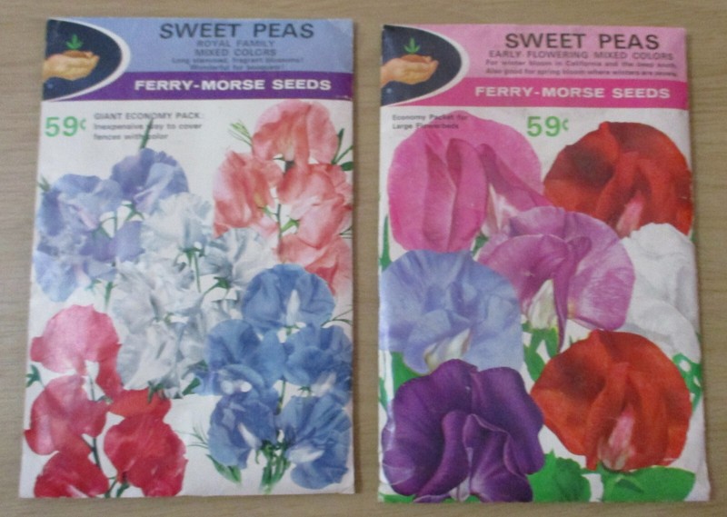 VTG 1971 SEASON~Unopened “FERRY-MORSE SEEDS”~Two Types SWEET PEAS~6″ x 9” PACKS~