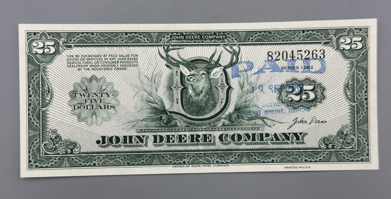 1982 JOHN DEERE Co $25 Bill Twenty Five Dollar Note Vintage Farm Advertising