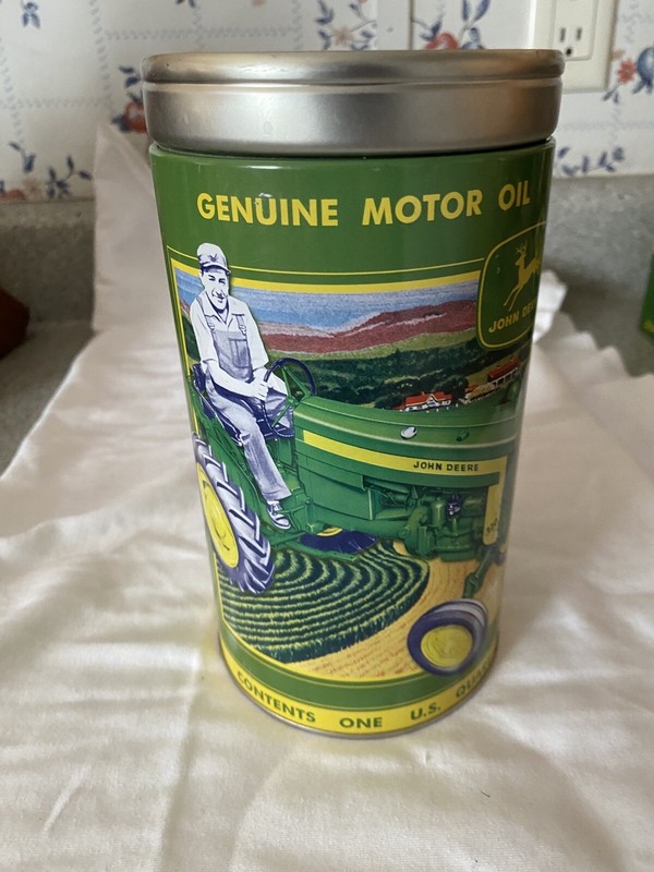 John Deere Genuine Motor Oil Metal Tractor Can Tin Coin Bank 7 3/4″ T 4 1/8 D.