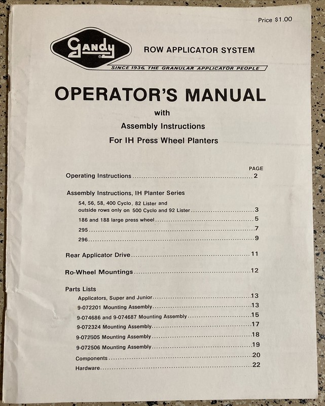 GANDY ROW APPLICATOR SYSTEM PRESS WHEEL PLANTERS TRACTOR OPERATORS MANUAL