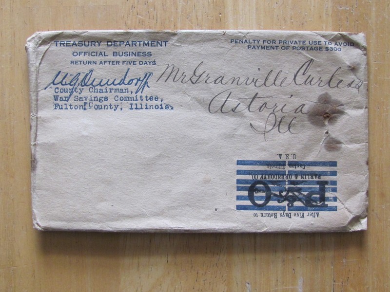 MAIL COVER WW1 WAR SAVINGS FULTON COUNTY IL CHAIRMAN U ORENDORFF – P & O PLOWS