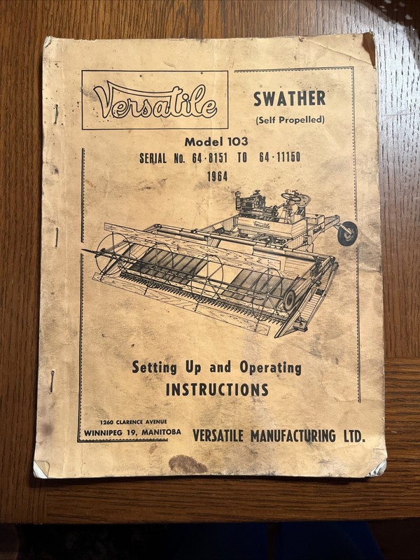 Vintage 1964 -VERSATILE Model 103 SP SWATHER - Set up / OPERATOR'S MANUAL / Book