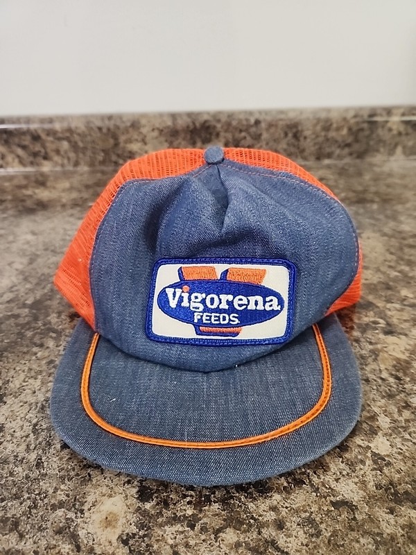 Vtg Vigorena Feeds Snapback Trucker Hat Mesh Patch Orange Denim