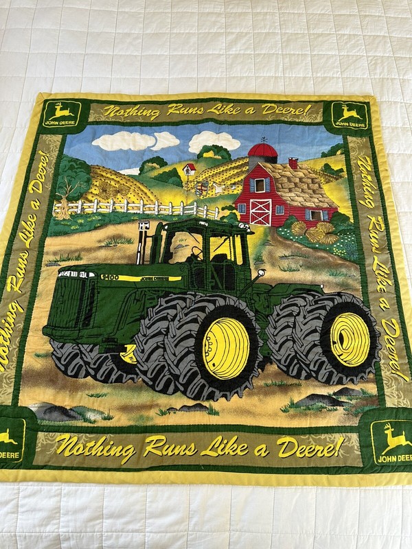 John Deere Tractor Wall Hanging Crib Blanket Hand Quilted 32”x33” Barn Farm