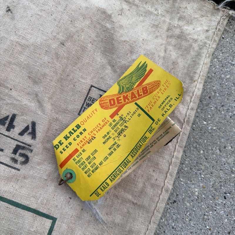 Set of 6 Dekalb Seed Hybrid Corn Lined Waterproof Bags 1940s W/Tags Seed Sack gallery