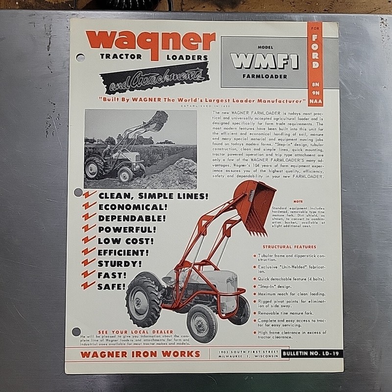 1950s WAGNER Model WMF1 Tractor Loader For Ford 8N 9N Tractors Sales Brochure