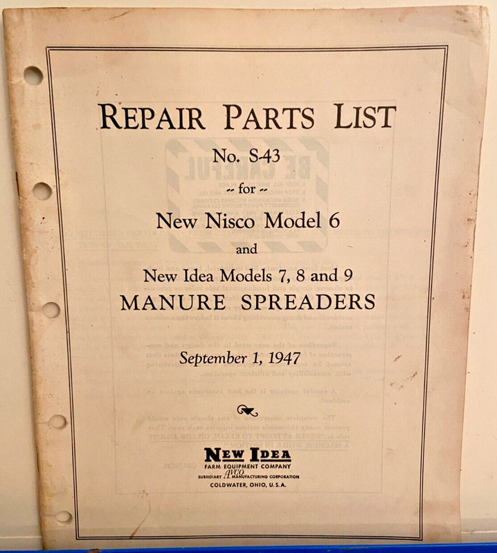 New Idea Models 7 8 & 9 Steel Wheeled Manure Spreader Repair Parts List 1947