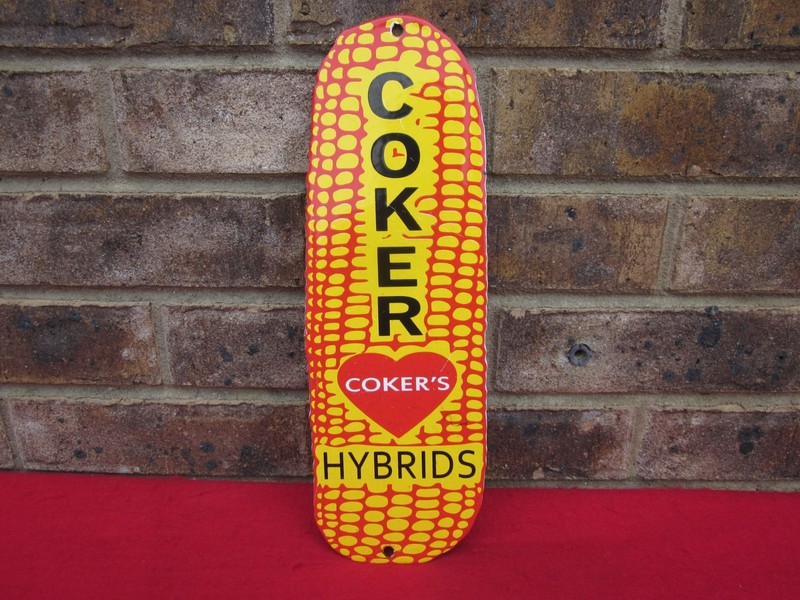Coker Hybrids Corn Seed Advertising Porcelain Metal Sign Door Push 12″ x 4″
