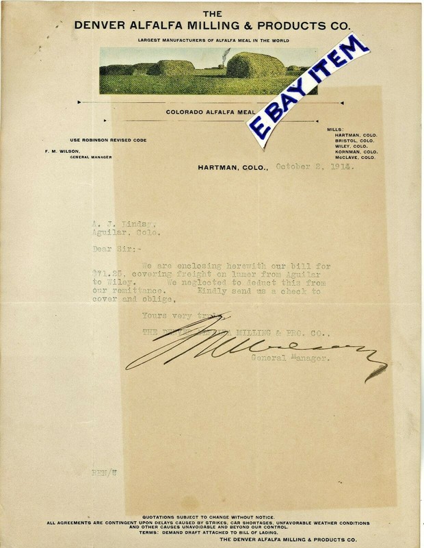 1914 LETTERHEAD Hartman CO Colorado DENVER ALFALFA MILLING & PRODUCTS F M Wilson