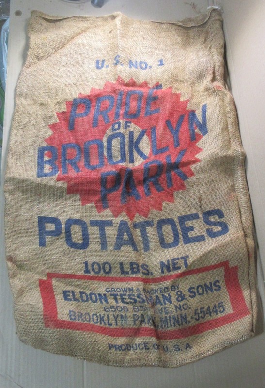 Vintage Potatoes BROOKLYN PARK MINNESOTA burlap gunny sack ELDON TESSMAN & SONS