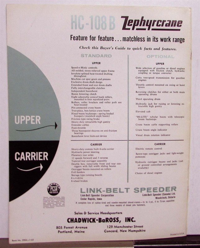 1962 Link Belt Speeder HC108B 45 Ton ZephyrCrane Specs Construction Brochure gallery