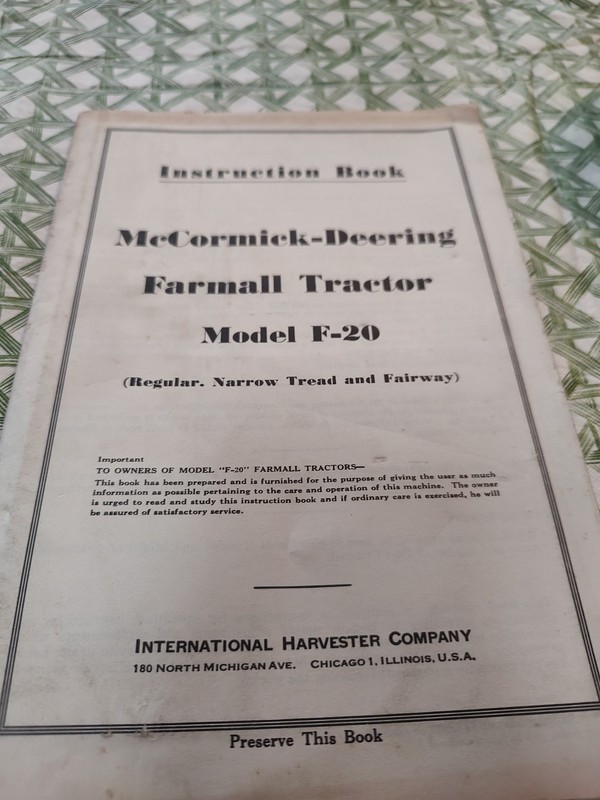 VTG 1949 Instruction Book McCormick Deering Farmall Tractor F-20 International