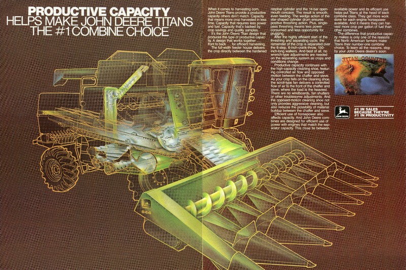 1982 2pg Print Ad of John Deere Titan Country 844 Cutaway Combine Farm Tractor