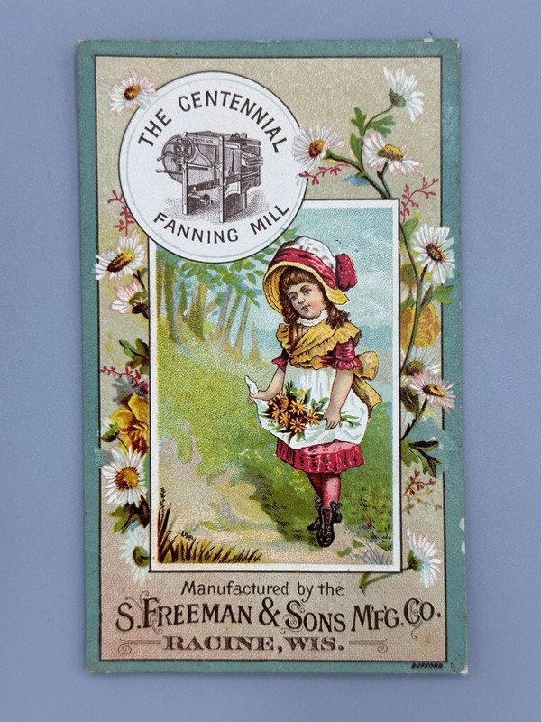 1880s CENTENNIAL FANNING MILL Farm Advertising RACINE Wisconsin TRADE CARD