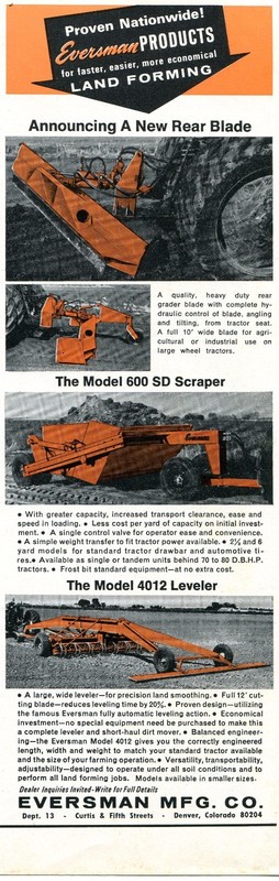 1970 Print Ad of Eversman Mfg 600SD Scraper 4012 Leveler & Tractor Rear Blade